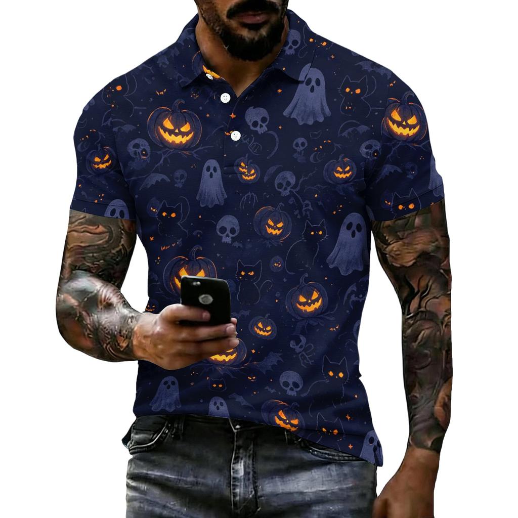 Mens Halloween Printed Vintage Texture Short Sleeve Polo Shirt Loose Breathable Summer Sports Streetwear Casual Top
