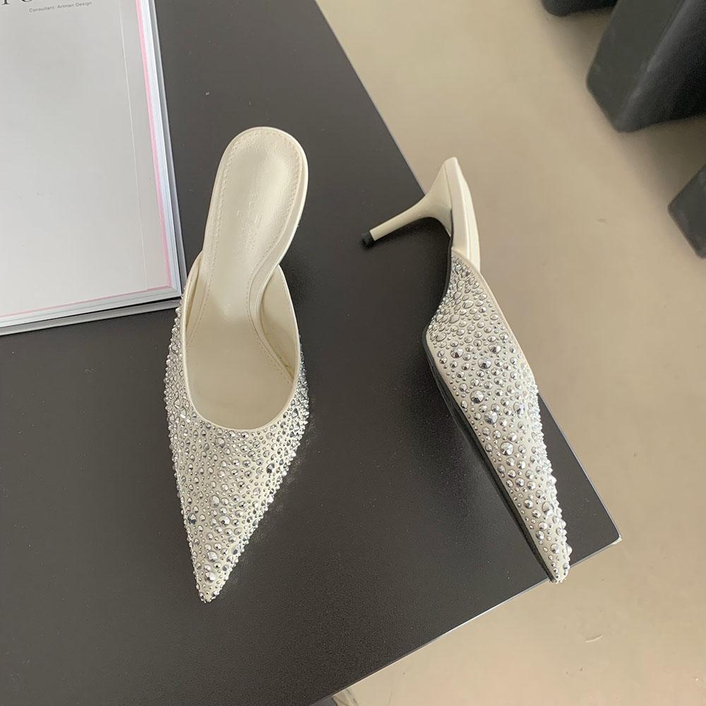 fashion Pointed Toe Women Sandals Slippers Black Pink White Shining Dress Shoes Thin High Heels 2024 New Arrivals Party Pumps Sexy Slide