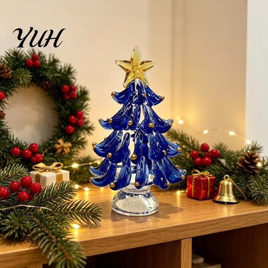 Elegant Holiday Home Decor Decorative Glass Christmas Tree with Star Topper, Mini Shiny Ornaments for Office Figurine, Creative Tabletop Ornament,