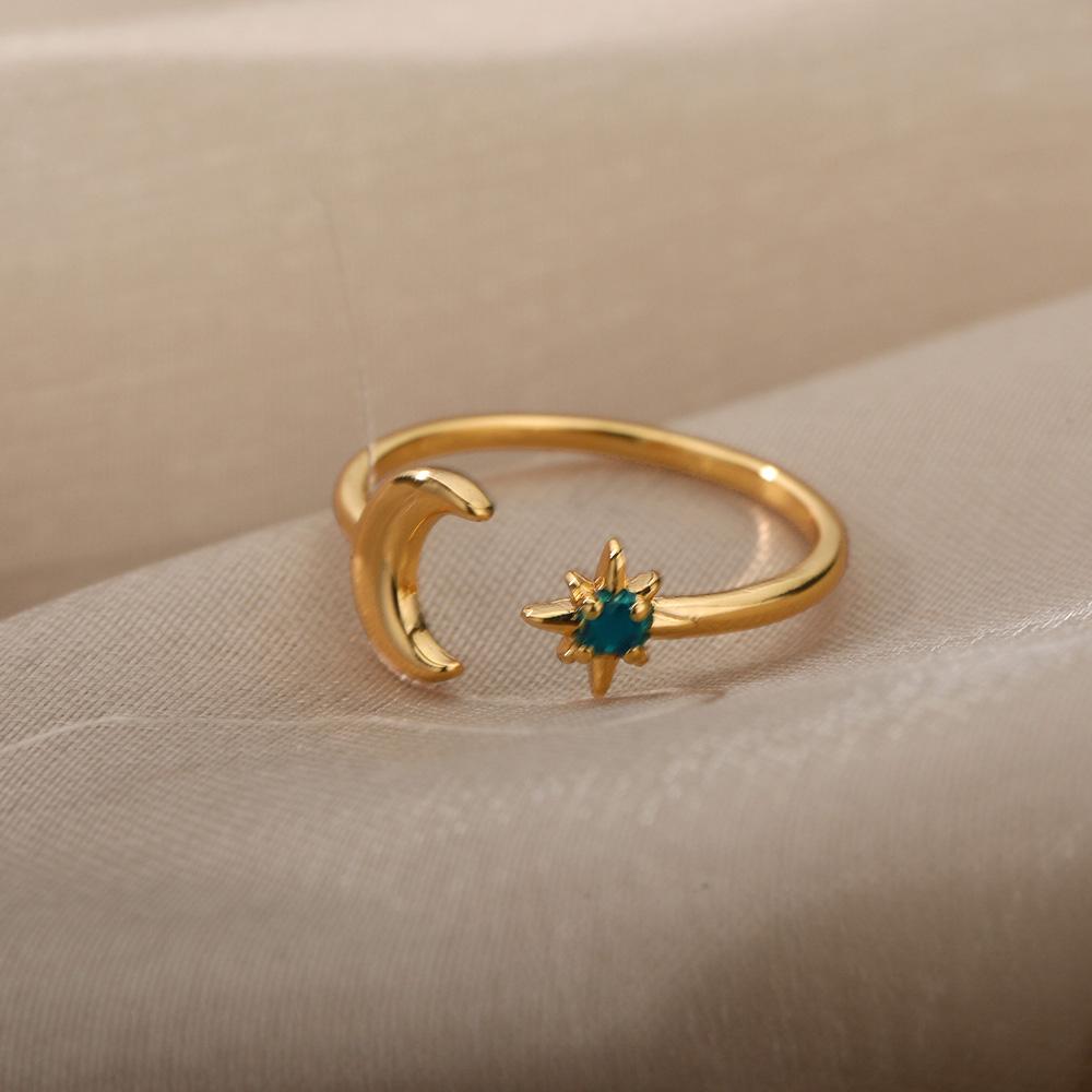 Simple And Luxurious Moon Opening Ring, Octagonal Star Shaped Women'S Ring, Personalized Star And Moon Ring, Fashionable And Elegant Accessory.