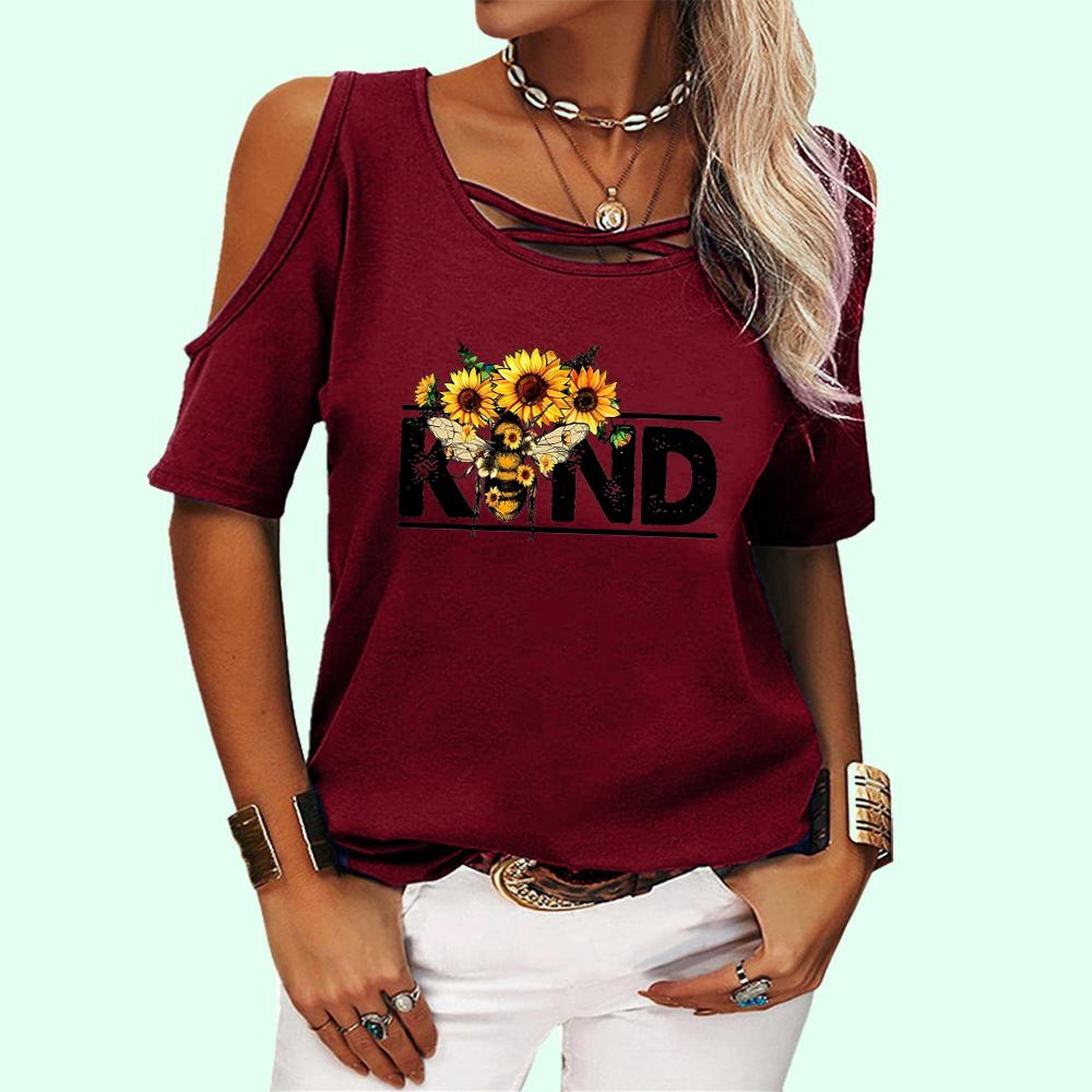 Women Fashion Shoulder Short Tee Shirt Round Collar Off Sleeve Top Ladies Casual Print T-shirt
