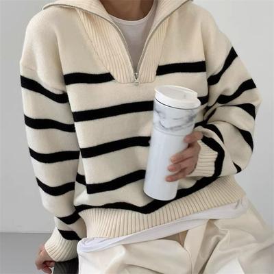 Knitted Striped Sweater Women's Autumn and Winter Autumn Lazy Wind Lapel Zipper Knitted Jacket Women's Pullover Long-sleeved Top