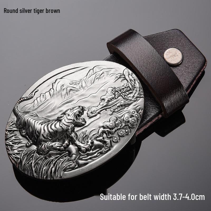 Tiger Head Alloy Western Cowboy Leather Belt with Smooth Buckle