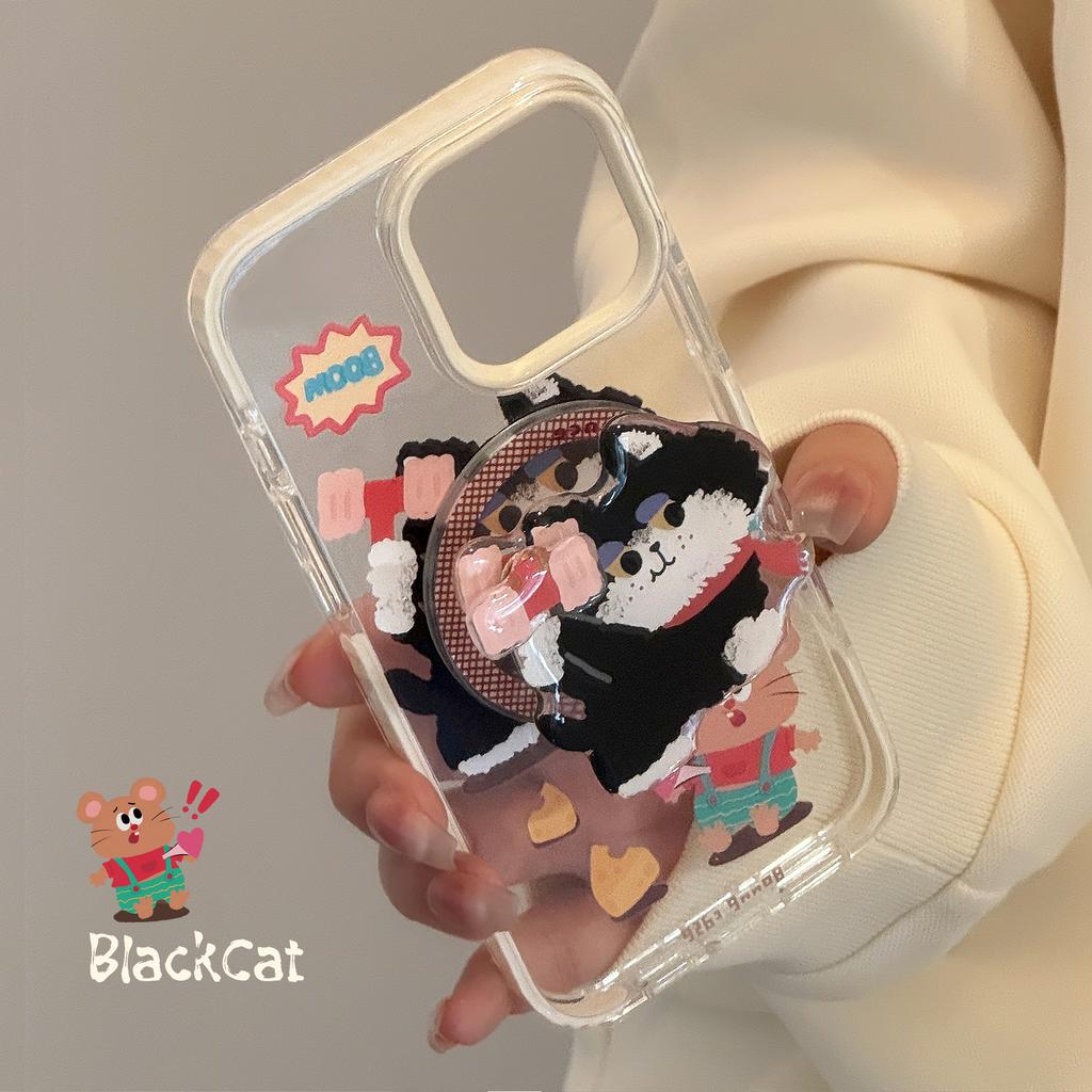 Magnetic Cartoon 16promax Transparent IPhone 15 Mobile Phone Case Suitable for 13 Hammer Cat Rotating Bracket 14 Soft
