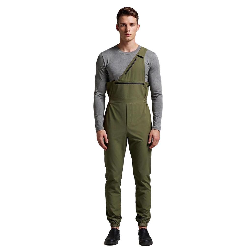 Men One Shoulder Fishing Jumpsuit Water Resistant Sleeveless Elastic Side Waist Legs Overalls with Hook Loop Fastener and Zip Pockets