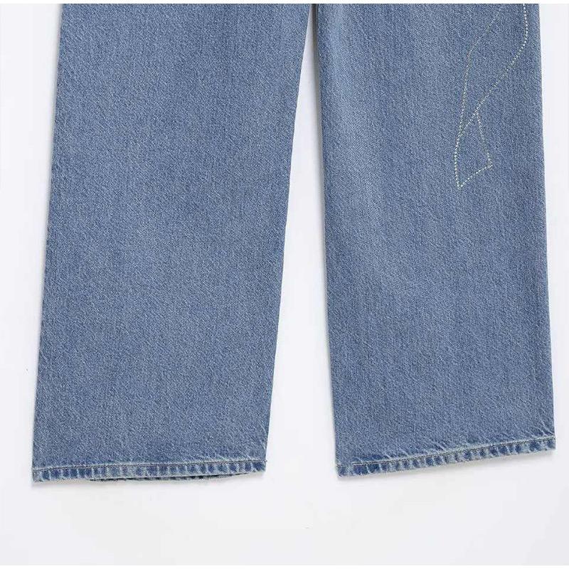 Women's Fashion Slim Fit High Waist Denim Pant Rhinestone Embellished Jeans Street Blue Wash Solid Color Casual Wide Leg Jean 2025 Spring