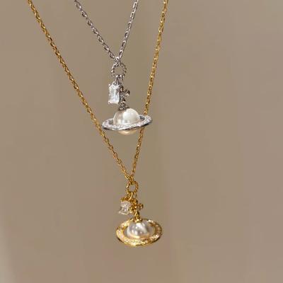 Vivian After Western University Three-Dimensional Saturn Pearl Necklace Light Luxury High Sense Flying Saucer Diamond Pearl Planet Pendant Female