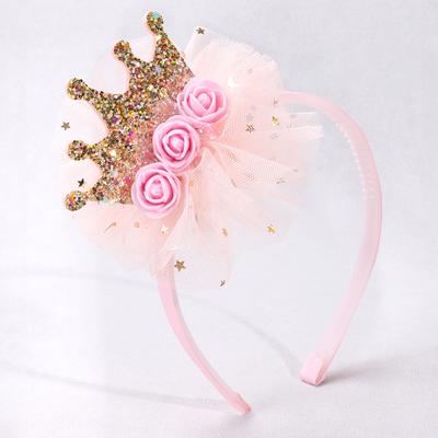 1pc Pink Mesh Gold Crown Headband with 3 Pink Flowers, Lovely Cute Shiny Birthday Crown Tiara for Girls, Kids Hairband