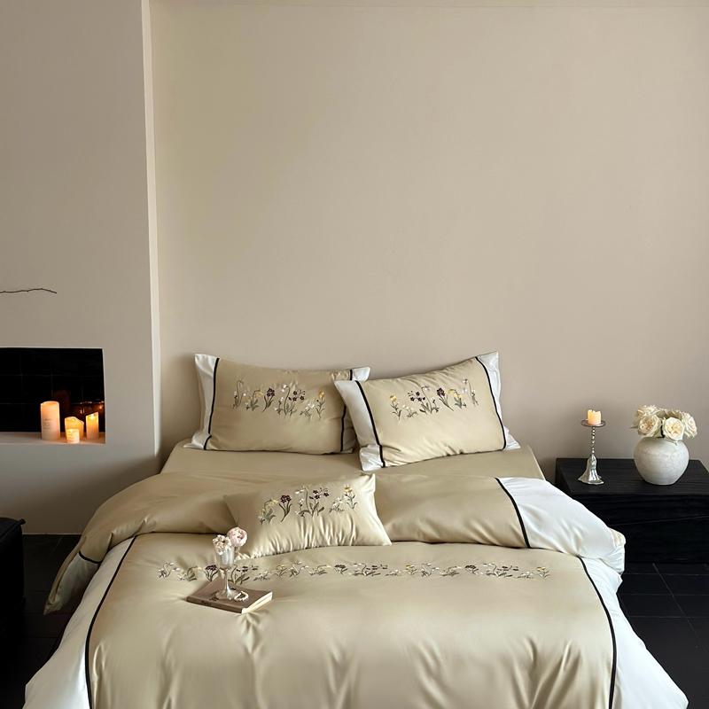 3/4Pcs Premium Egyptian Cotton Flowers Embroidery Bedding Set Single Queen King Duvet Cover Bed Sheet/Fitted Sheet Pillowcases