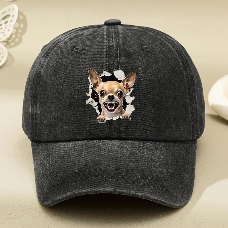 Czapka z daszkiem w nadrukiem psa Chihuahua, postarzana, vintage, prana, czapka typu "Dad Hat", casualowa, regulowana, przeciwsłoneczna