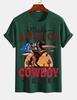 2026 New Pure Cotton Tshirt American Vintage Distressed Denim Horse Riding Print Summer Casual Loose Round Neck Top