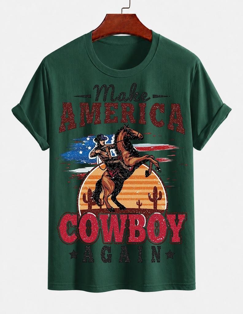 2026 New Pure Cotton Tshirt American Vintage Distressed Denim Horse Riding Print Summer Casual Loose Round Neck Top