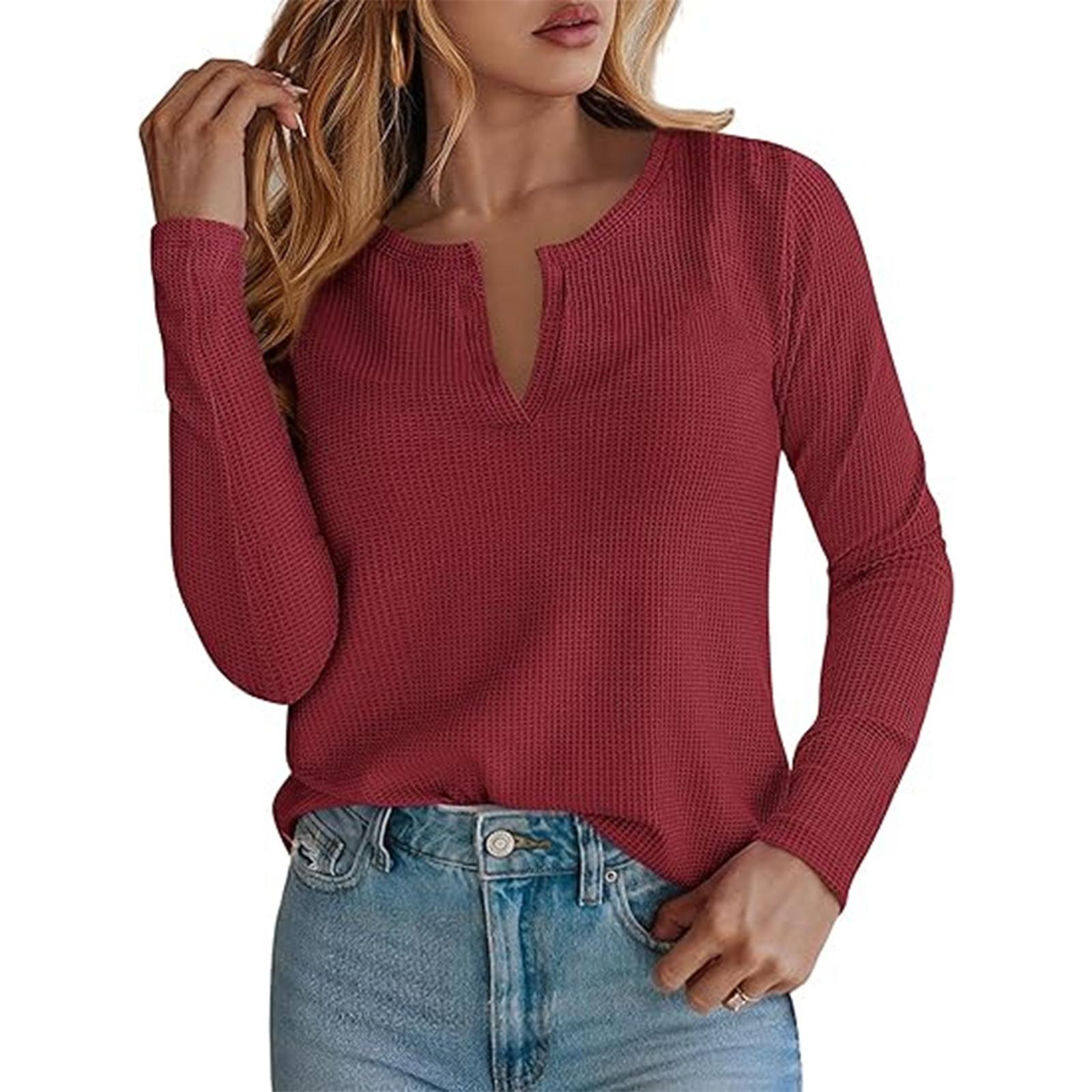 

Women s Loose Comfortable Casual And Fashionable V-neck Solid Color Long Sleeved Top XL винный