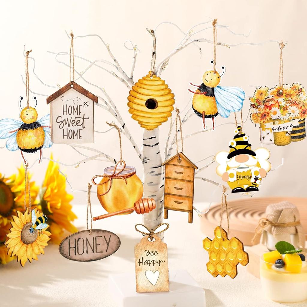 Karenhi 36 Pcs Bee Gnome Wooden Ornament Yellow Honeybee Gnome with Hat Hanging Decor Summer Tree Ornaments with String Bee Themed Party Favors for