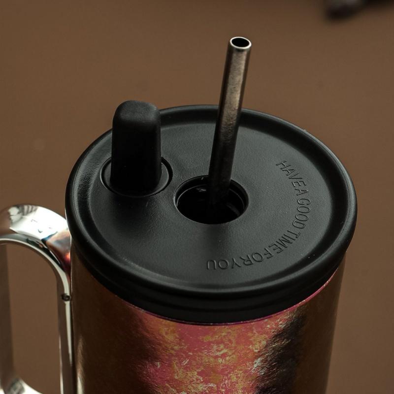 710ml Women's Pure Titanium Coffee Thermos Cup with Handle And Straw Double-layer Vacuum Water Bottle Outdoor Drinkware Gift Mug