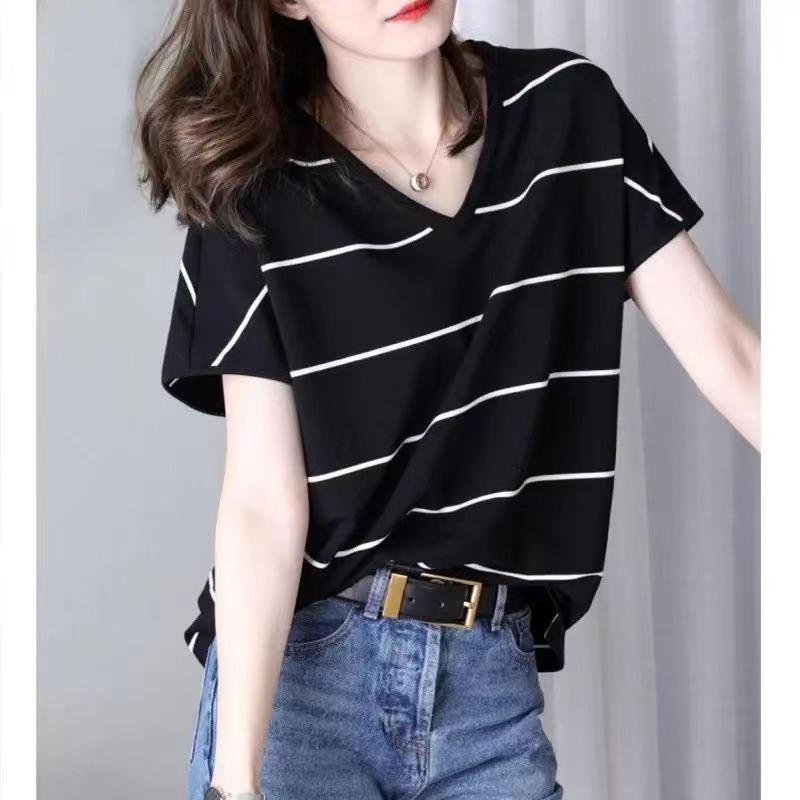 Womens Black White Stripe V Neck T Shirt Casual Batwing Sleeve Loose Top