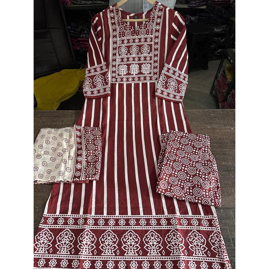 Women's Designer Cotton Kurti Pant Dupatta Set Indian Bollywood Ethnic Kurta Set