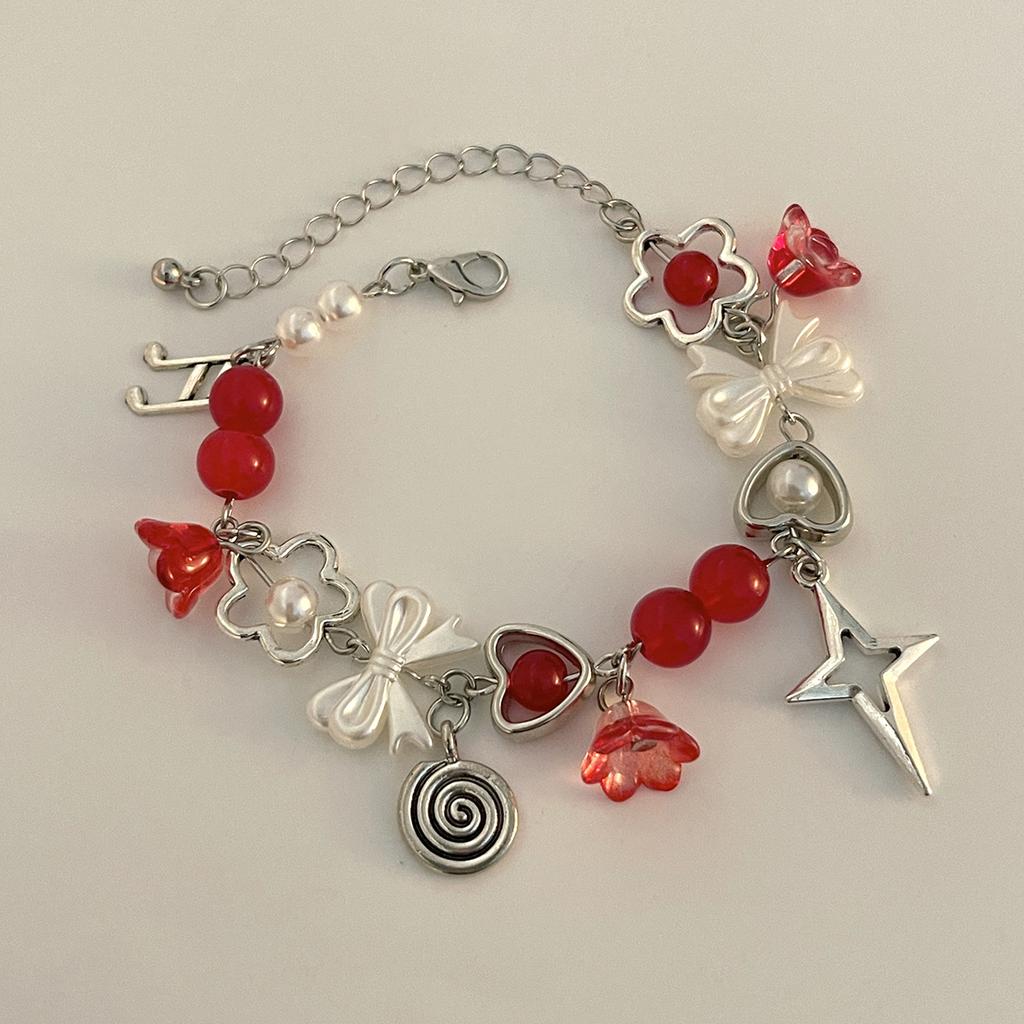 Punk Spice Girl Hollow Pentagram Love Pendant Bracelet, Sweet Cool Strawberry Beaded Jewelry For Women