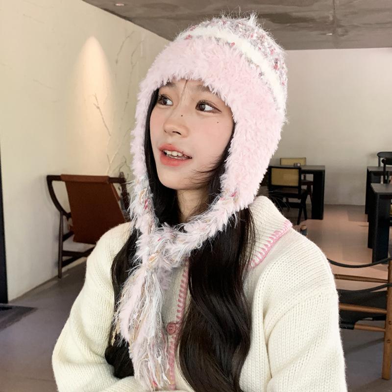 Wool hat female face small Maillard winter fringed braids thickened thermal ear protection hat cold knitted hat cold hat