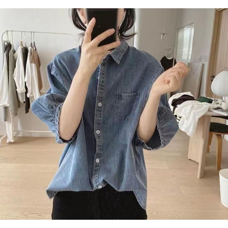 Lantern Sleeve Denim Shirt Women's New Summer Loose Retro Quarter-sleeve Design Simple Top