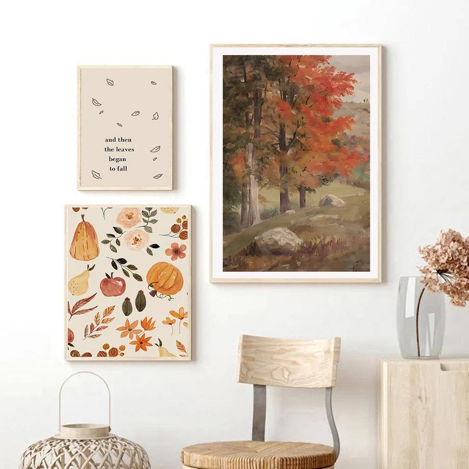 Autumn Pumpkin Leaves Quotes Abstract Hand Landscape Poster, Canvas Painting, Gallery Wall Art Prints, Pictures, Living Room Dec