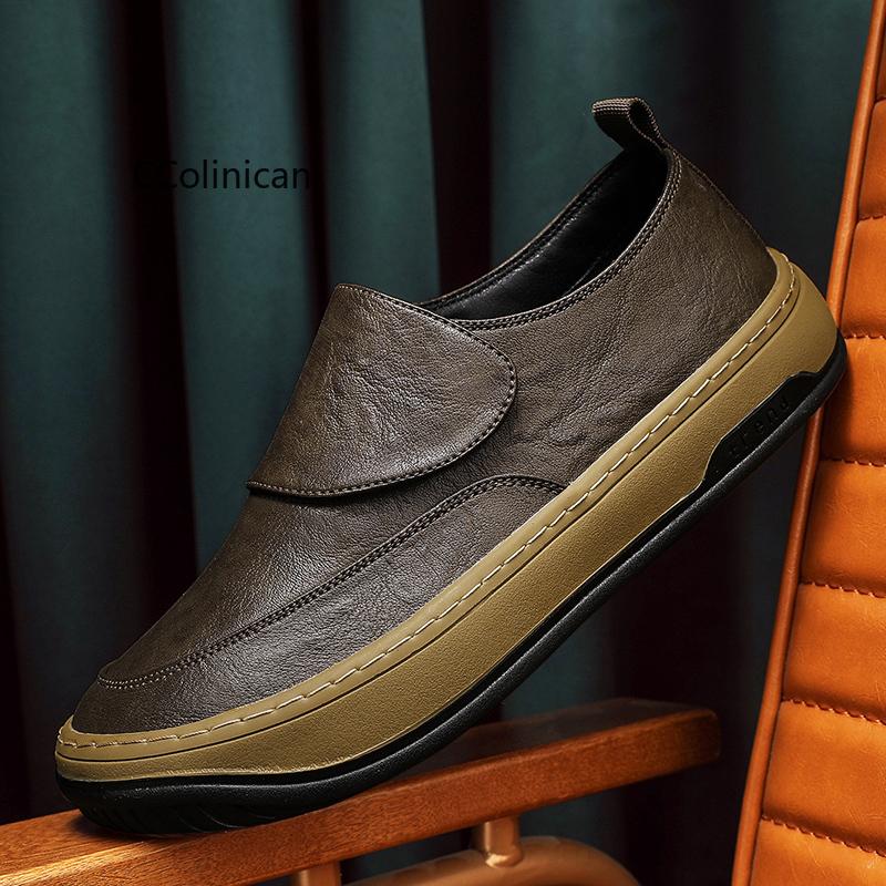 Genuine Leather Men Increase Casual Shoes Men Handmade Loafers Travel Breathable Slip On Black Soft Walking Leisure Shoes