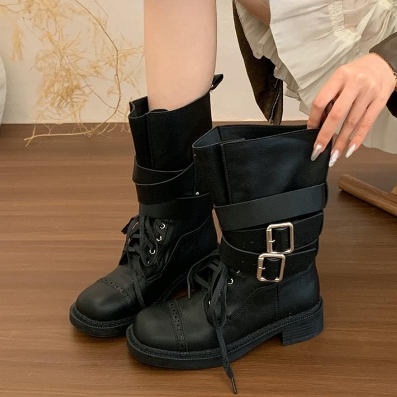 Vintage Gürtelschnalle Damen Western Cowboy Stiefel Mode Niedriger Absatz Ritter Motorrad Stiefeletten