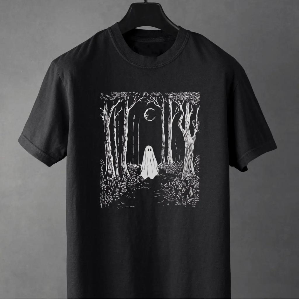 Dark Forest Ghost T Shirt Cottagecore Grunge Aesthetic Witchy Gothic Alt Cotton Black for vintage Washed Comfortable
