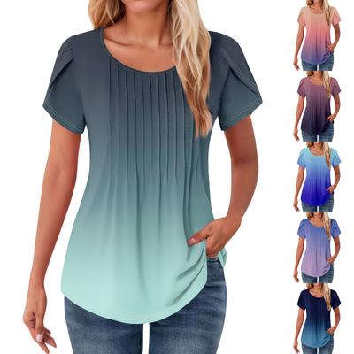 Womens Tops Petal Short Sleeve Summer Round Neck Shirts Floral  Printing Blouses For Women Dressy Casual