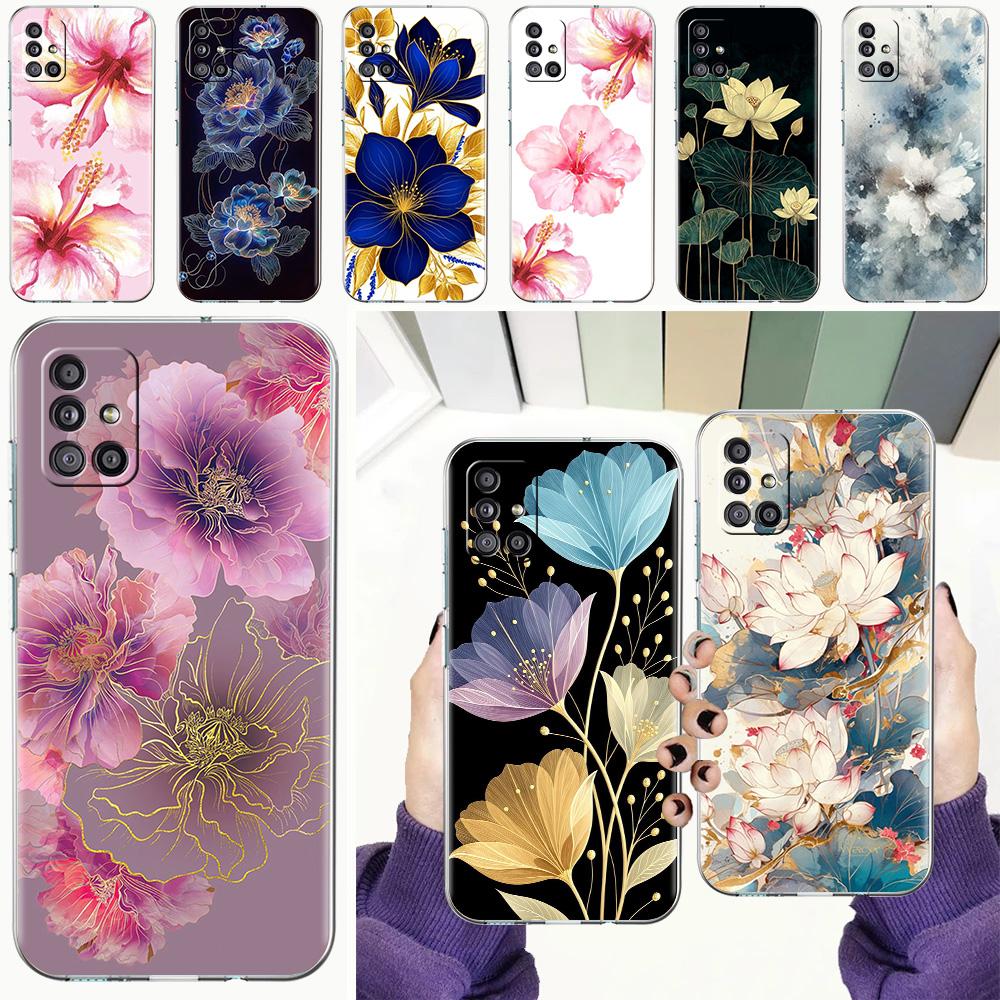 Case For Samsung A15 A13 A35 A55 A51 A71 A41 A31 A21S A03S A05 A17 A23 A25 A33 A53 A73 5G A07 4G Cover Ink Wash Painting Flower