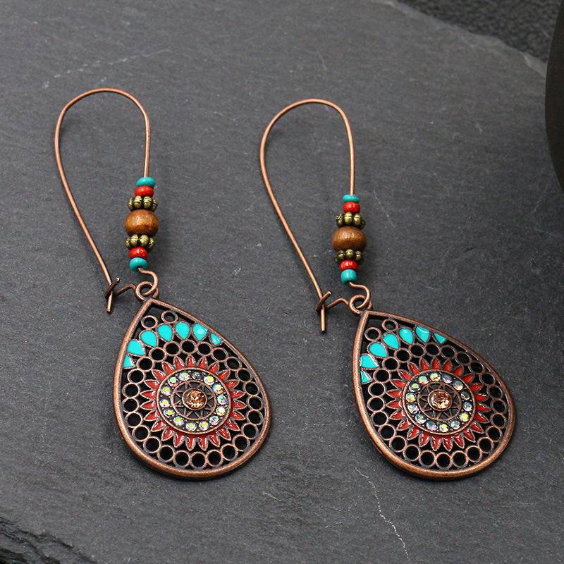 Ethnic Vintage Bohemia Big Ear Hook Drop Earrings For Women Geometric Leaf Wing Flower Hollow Round Boho Earings Antique Jewelry