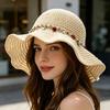 Women Hat Wide Brim Adjustable Strap Hollow Crochet Straw Hat Breathable Foldable Summer Outdoor Sun Hat