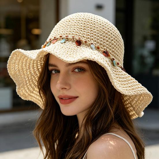 Women Hat Wide Brim Adjustable Strap Hollow Crochet Straw Hat Breathable Foldable Summer Outdoor Sun Hat