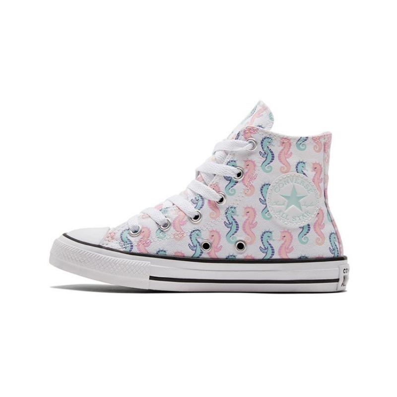 Converse Chuck Taylor All Star Kids High Canvas Shoes All-over Seahorse Print Wear-resistant White Blue Pink 372871C 35