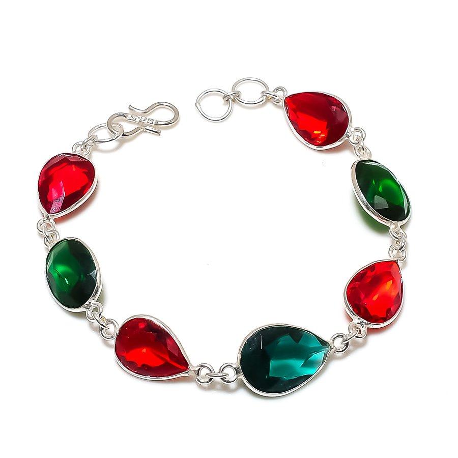 Natural Diopside, Garnet Gemstone 925 Sterling Silver Bracelet 7-8" ASB-3090