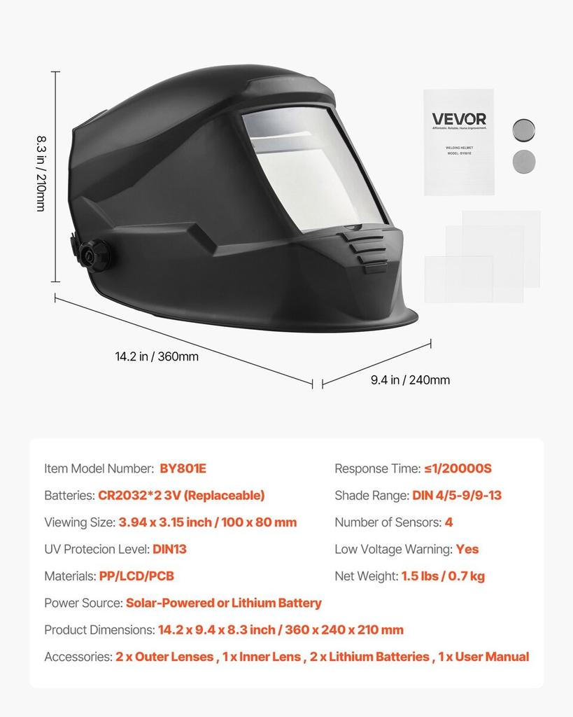 Welding Helmet Auto Darkening, 100 X 80 Mm True Color Welding Hood, Solar-Powered Welder Mask 4 Arc Sensors, Wide Shade 4/5-9/9-13 for TIG MIG Weld