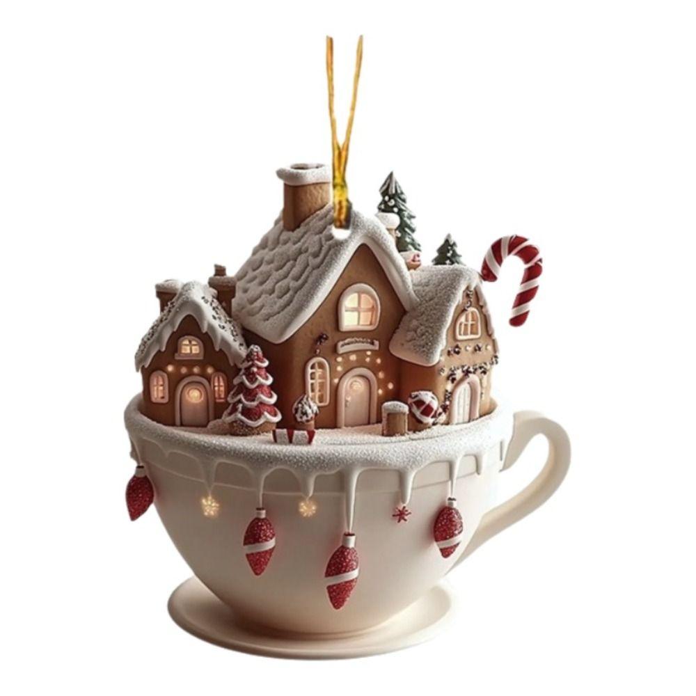 Snow House Christmas Hanging Pendant 2D Flat Chocolate Mug Car Coffee Cup Pendant Acrylic Bag Charms Xmas Tree Hanging Ornament