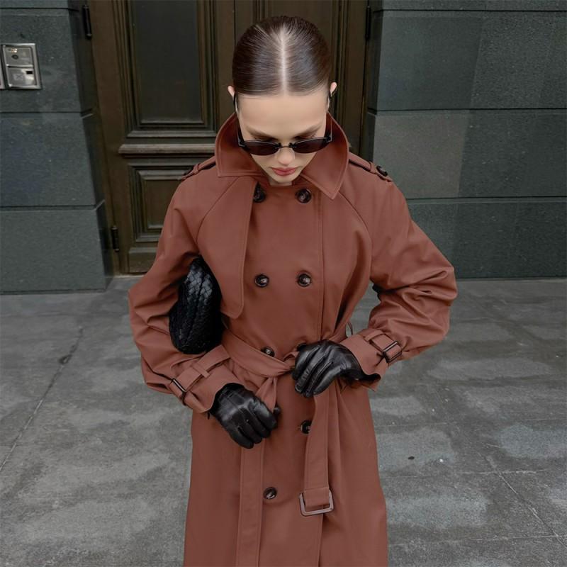 2026 Womens Long Cotton Trench Coat With Stand Collar Double-Breasted Waist Belt Street Style Oversized Fit