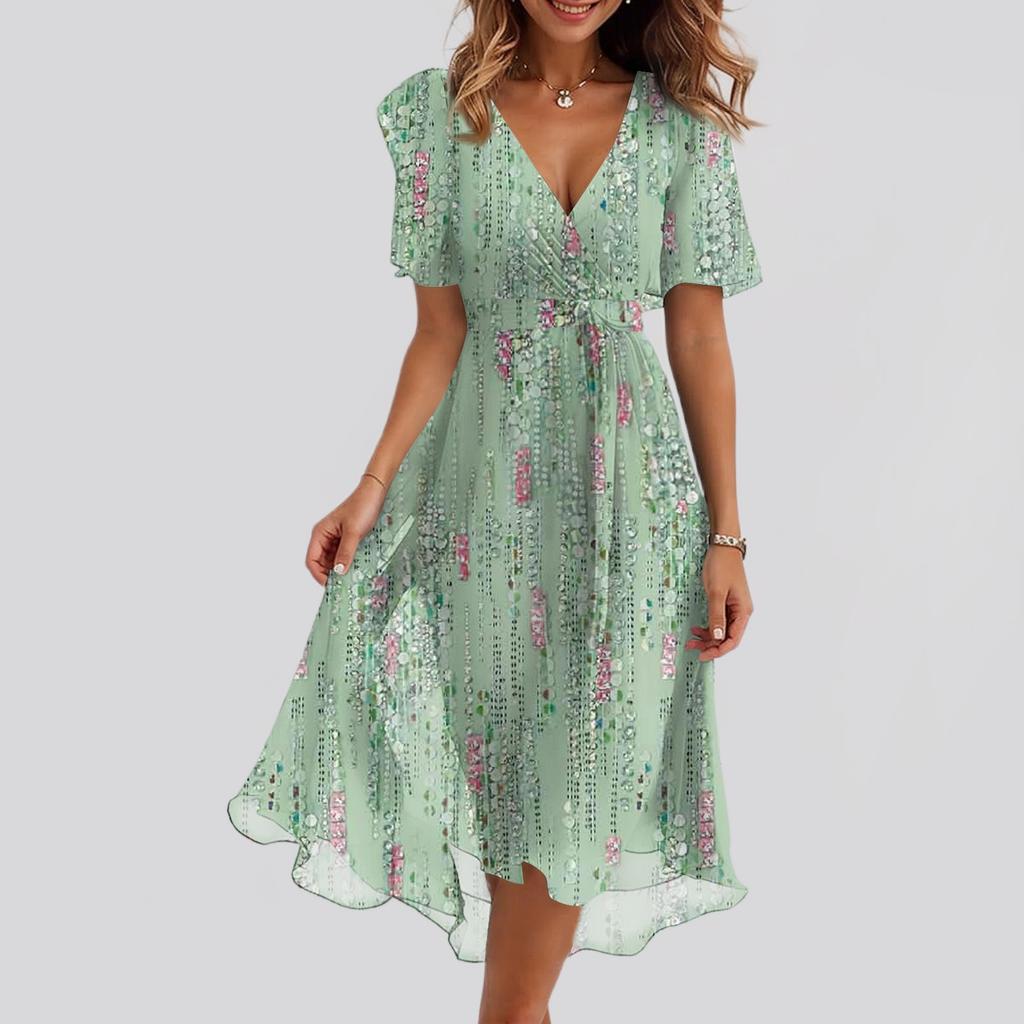 Ladies' Casual And Fashionable Solid Color V-neck Waist Cinching A-line Zipper Dress