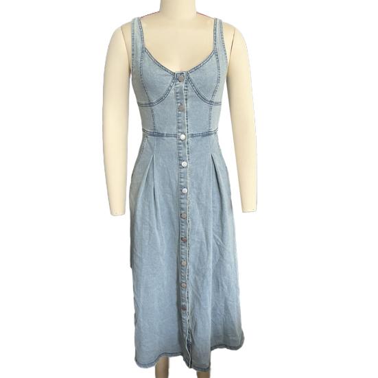 Denim Dress for Women Summer Casual Sleeveless Midi Dress with Pockets Button Down A-Line
