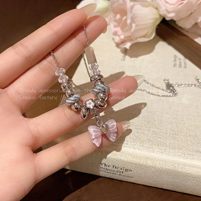 Розовый кулон-бант Бусы Женский Сладкий темперамент Девушка-перчинка Цепочка на ключицы Супер-фантазийные аксессуары