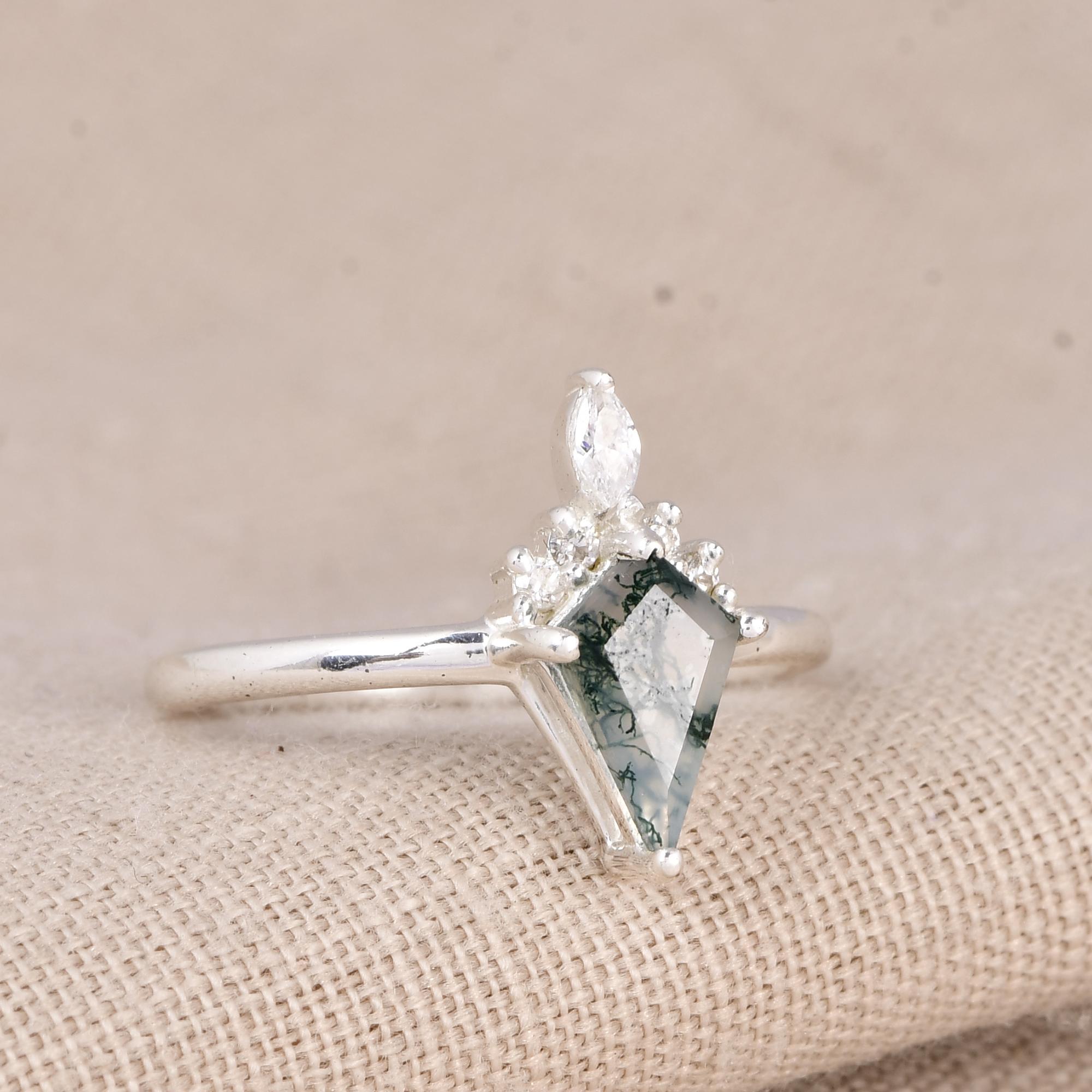 

Vintage Moss Agate Promise Ring with CZ Halo | Nature Inspired Sterling Silver Ring | Moss Agate & Cubic Zirconia Engagement Ring 5