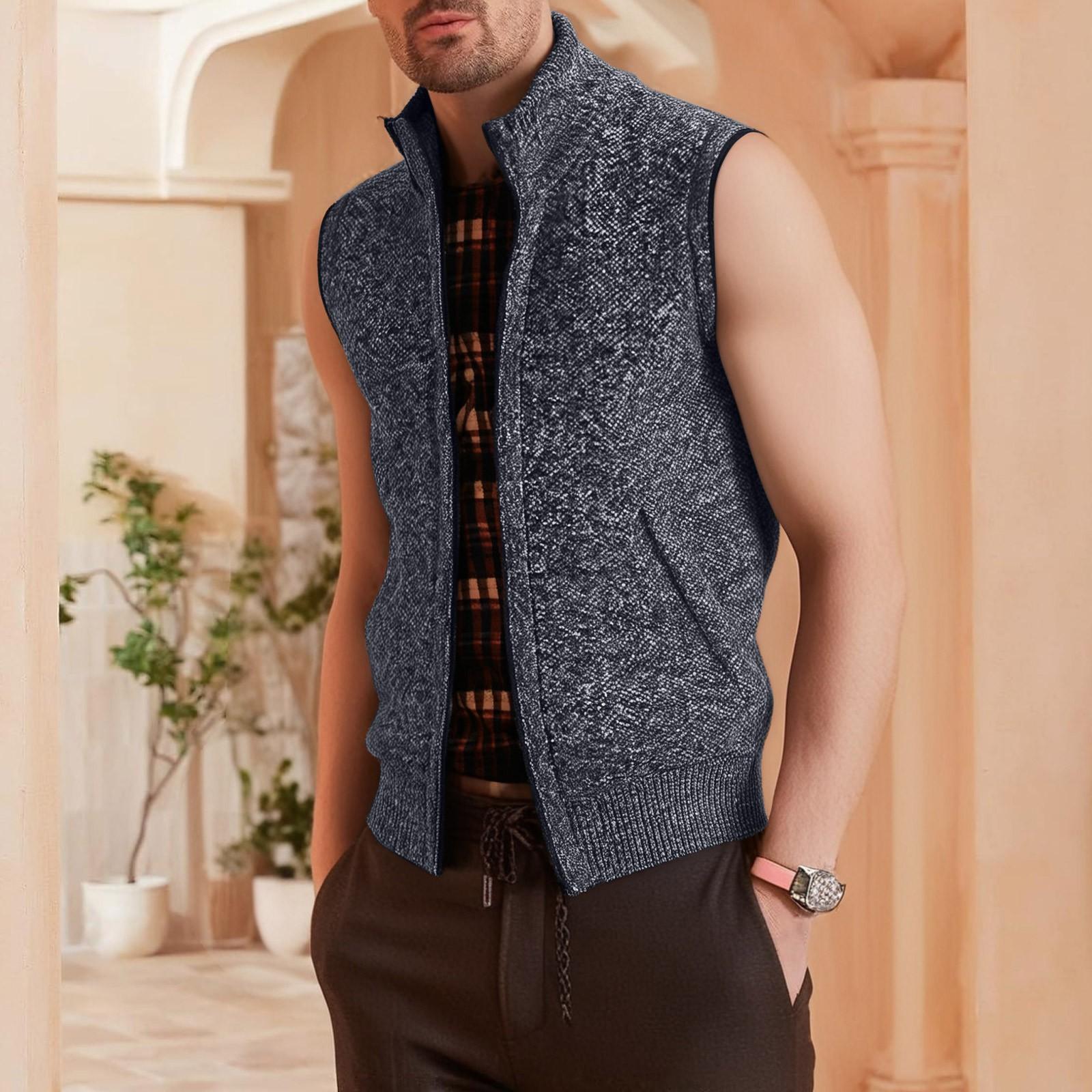 

Men s Outdoor Casual Loose-fitting Solid Color Cardigan Zipper Vest Stand-up Collar Knit Jacket L