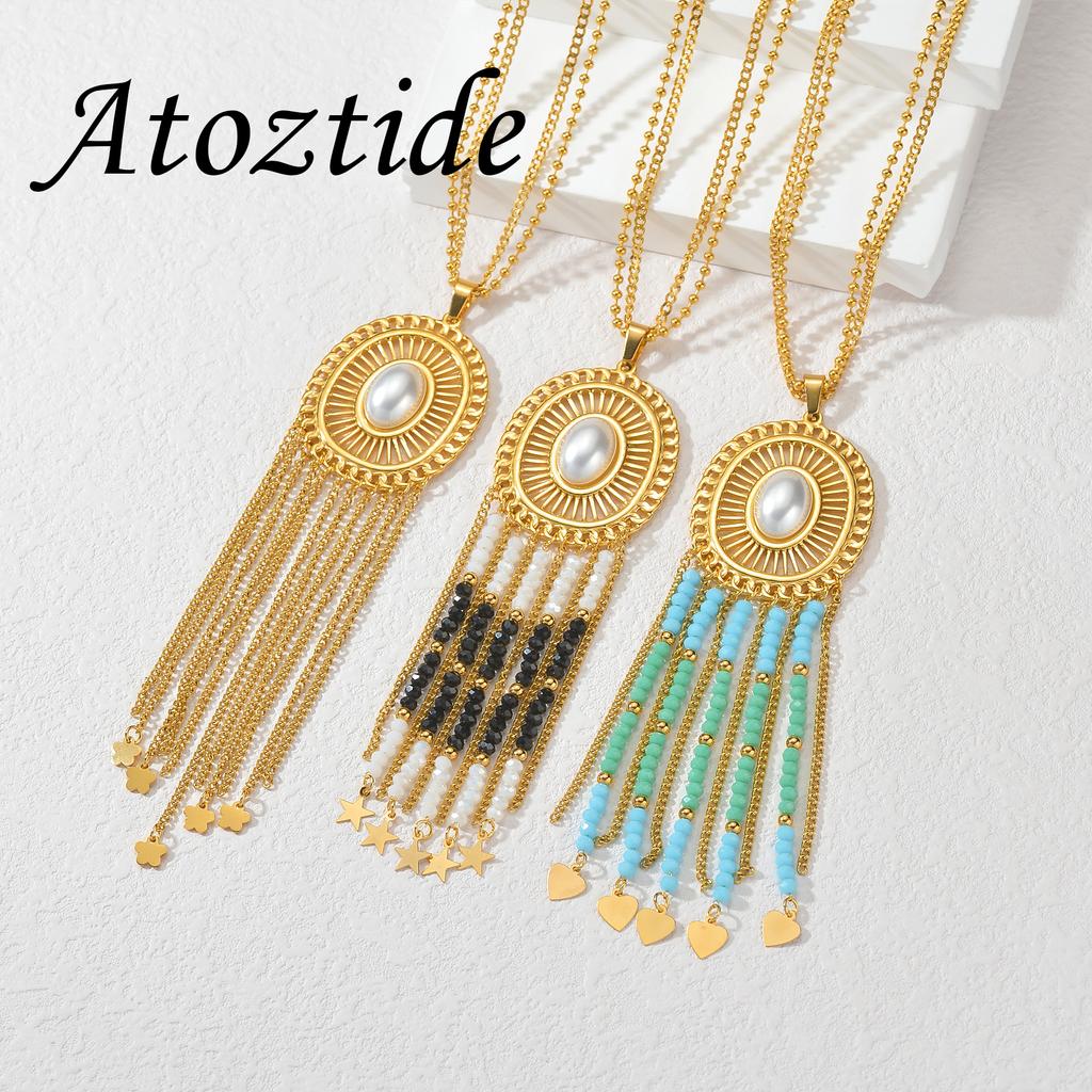 Atoztide Bohemian Pendant Necklace for Women Stainless Steel Trendy Imitation Pearl Tassel Sweater Chain Christmas Jewelry Gift