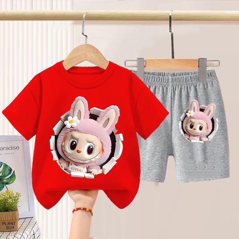 Children's LBB Short-sleeved Two-piece Set, Summer Boys' and Girls' Thin Pure Cotton T-shirt and Shorts Set