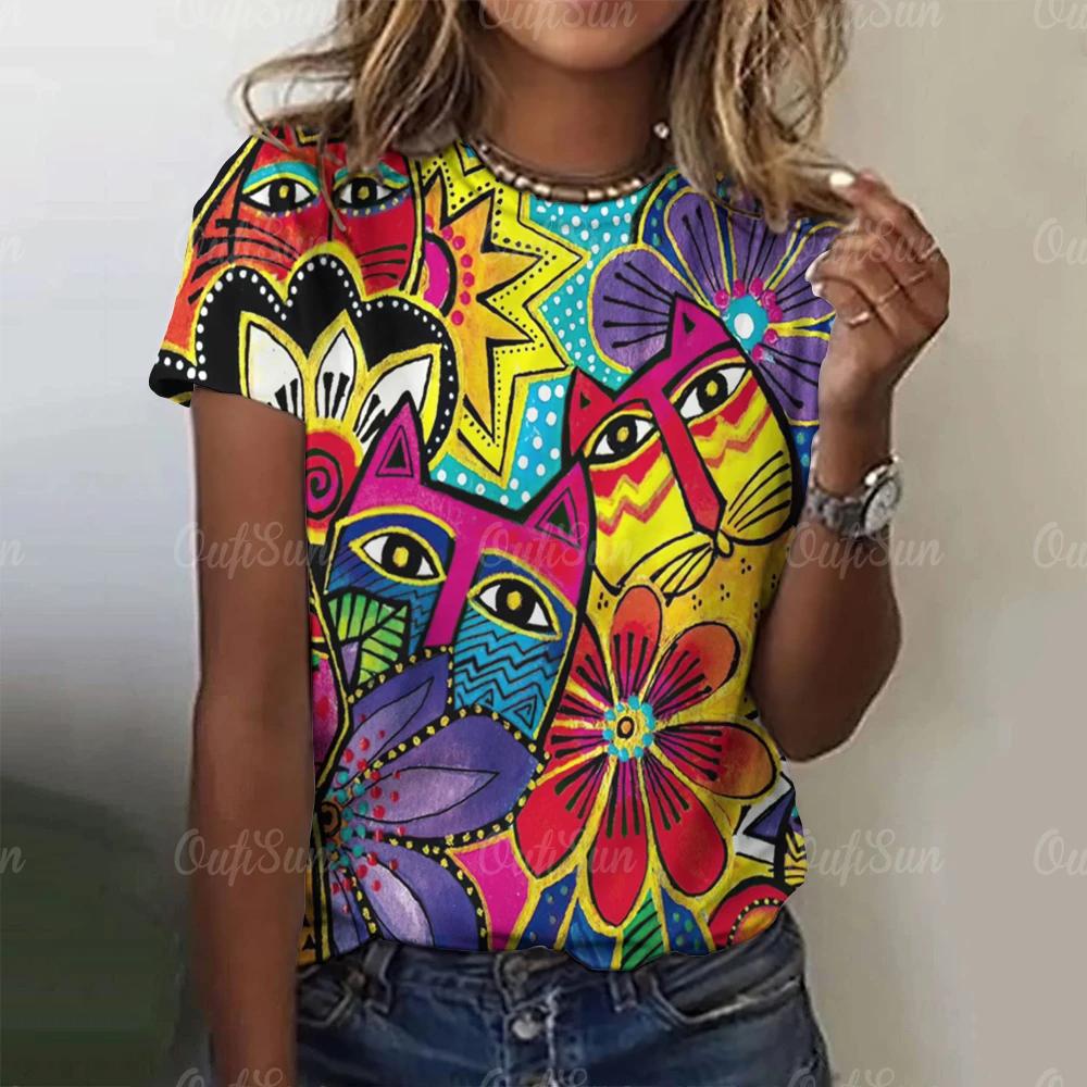2025 Summer Women Cartoon T-shirt Cute Cat Printing Tops Tees Female Fashionable Short Sleeve Clothing Casual Stylish Outfit