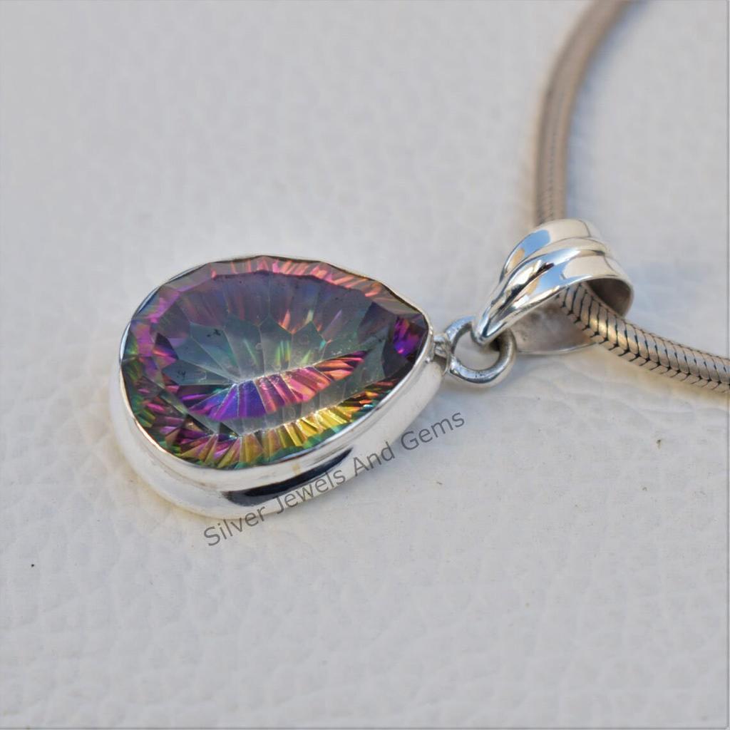 Mystic Topaz Pendant, 925 Sterling Silver Pendant, Teardrop Topaz Necklace, Anniversary Pendant, Handmade Pendant