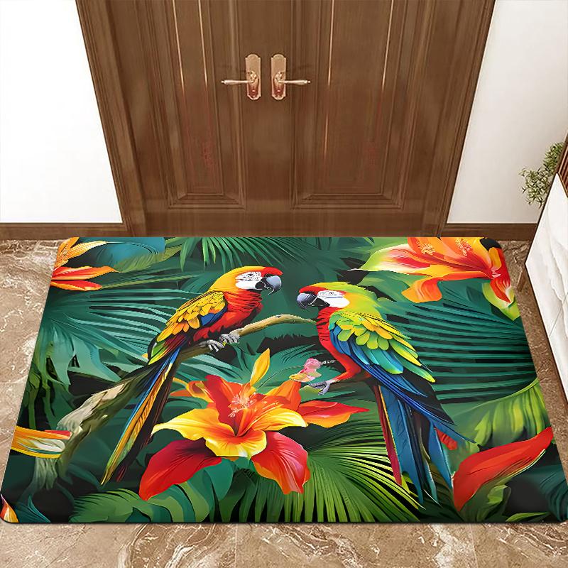 2D Flat Tropical Parrots Hibiscus Flowers Flannel Door Mat Non Slip Jungle Bird Rug for Entrance Hall Garden Home Decor
