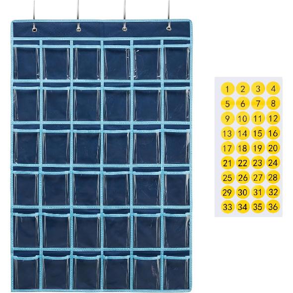 36 Clear Pockets Classroom Pocket Chart for Cell Phones, Pocket Chart for Calculator Phone Holder with 36 Number Stickers and Hooks (White)