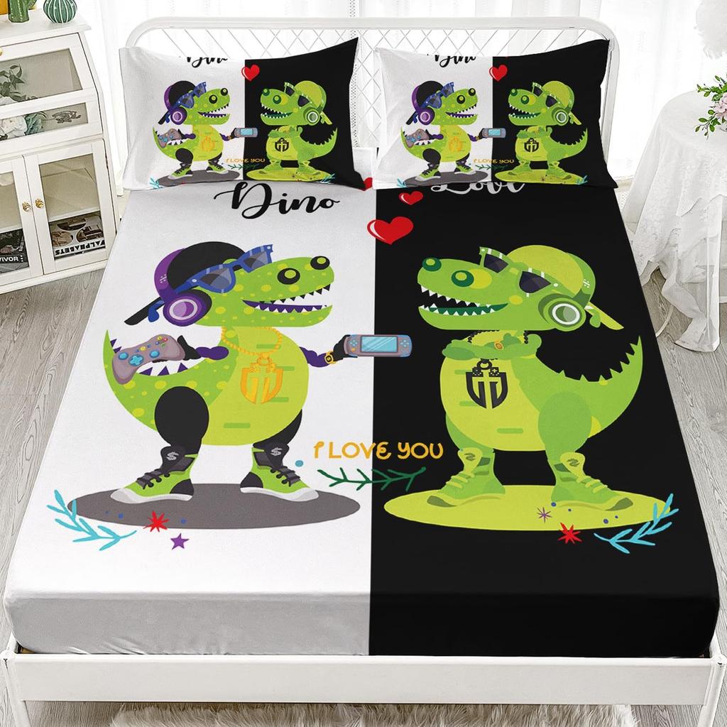 Cute Dinosaur Bedding Set 2pcs Single Size Fitted Sheet with Pillowcase for Kids Boys Teens Cartoon Animal Design